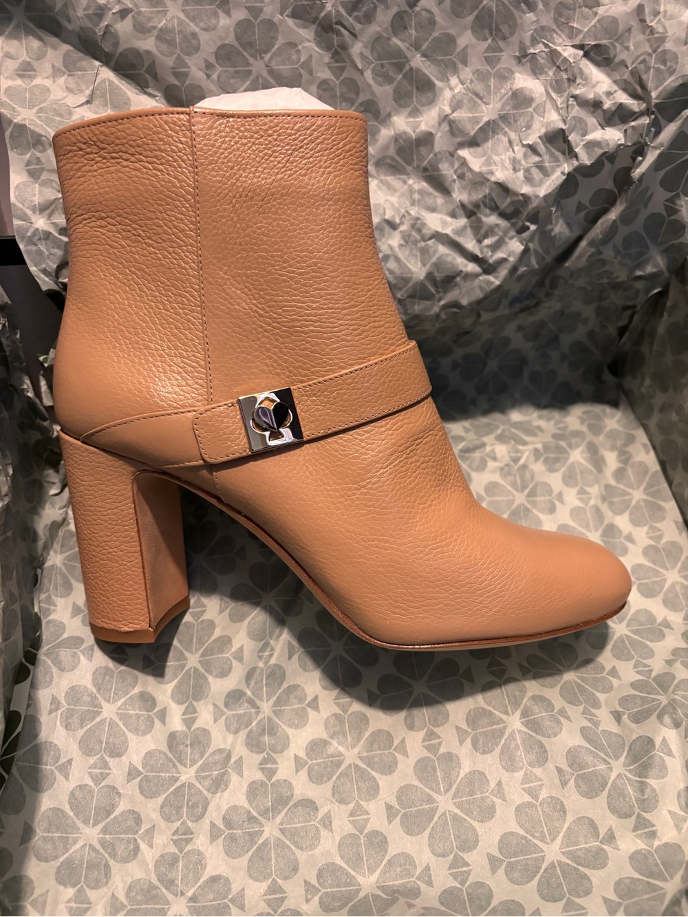 Kate Spade Pebble Leather Tan Block Heel Ankle Boot